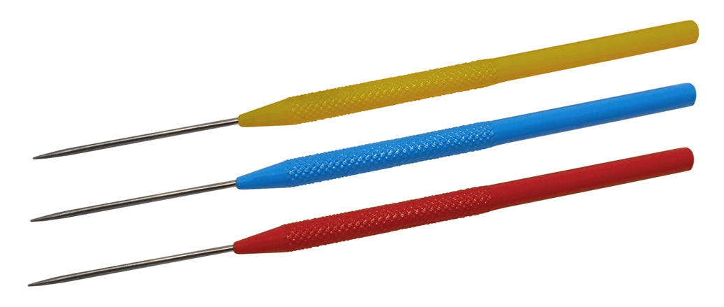 Set of 3 titanium soldering picks with knurled color-coded handles in blue, yellow, and red for precise, heat-resistant soldering tasks