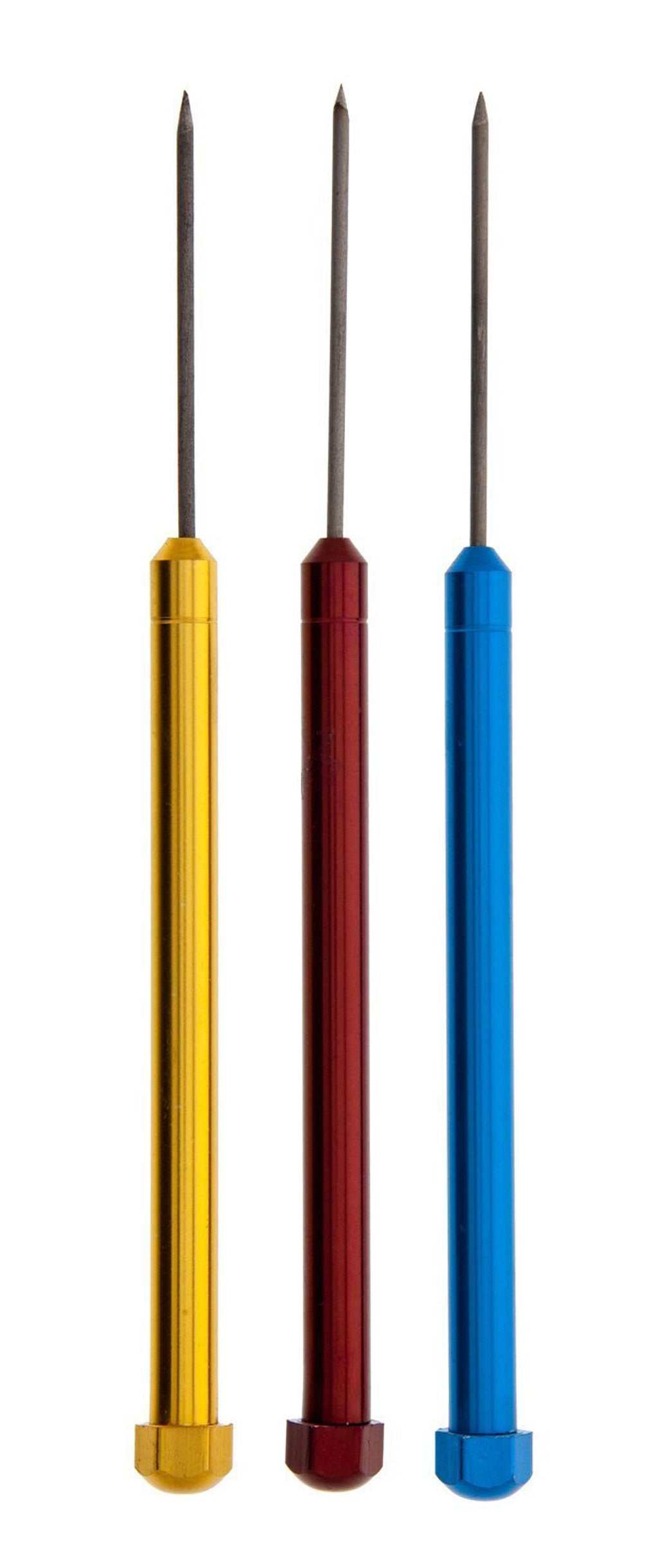 3 piece soldering pick set with blue, red, and gold titanium shafts for precision work