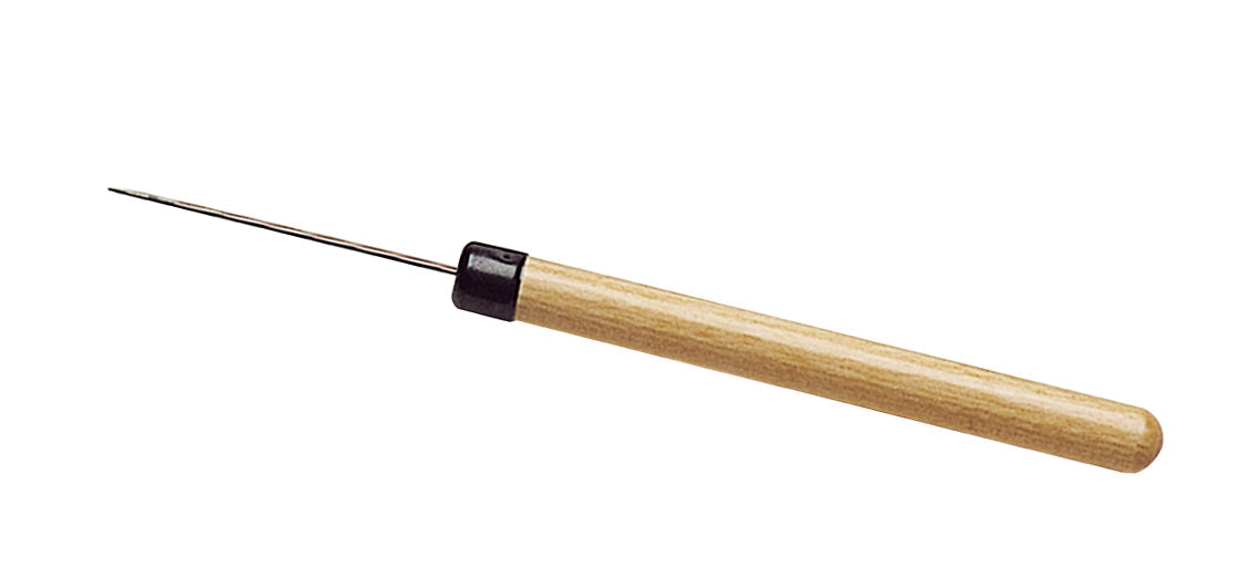 Tungsten soldering pick with wooden handle for precise platinum jewelry repair and metalworking.