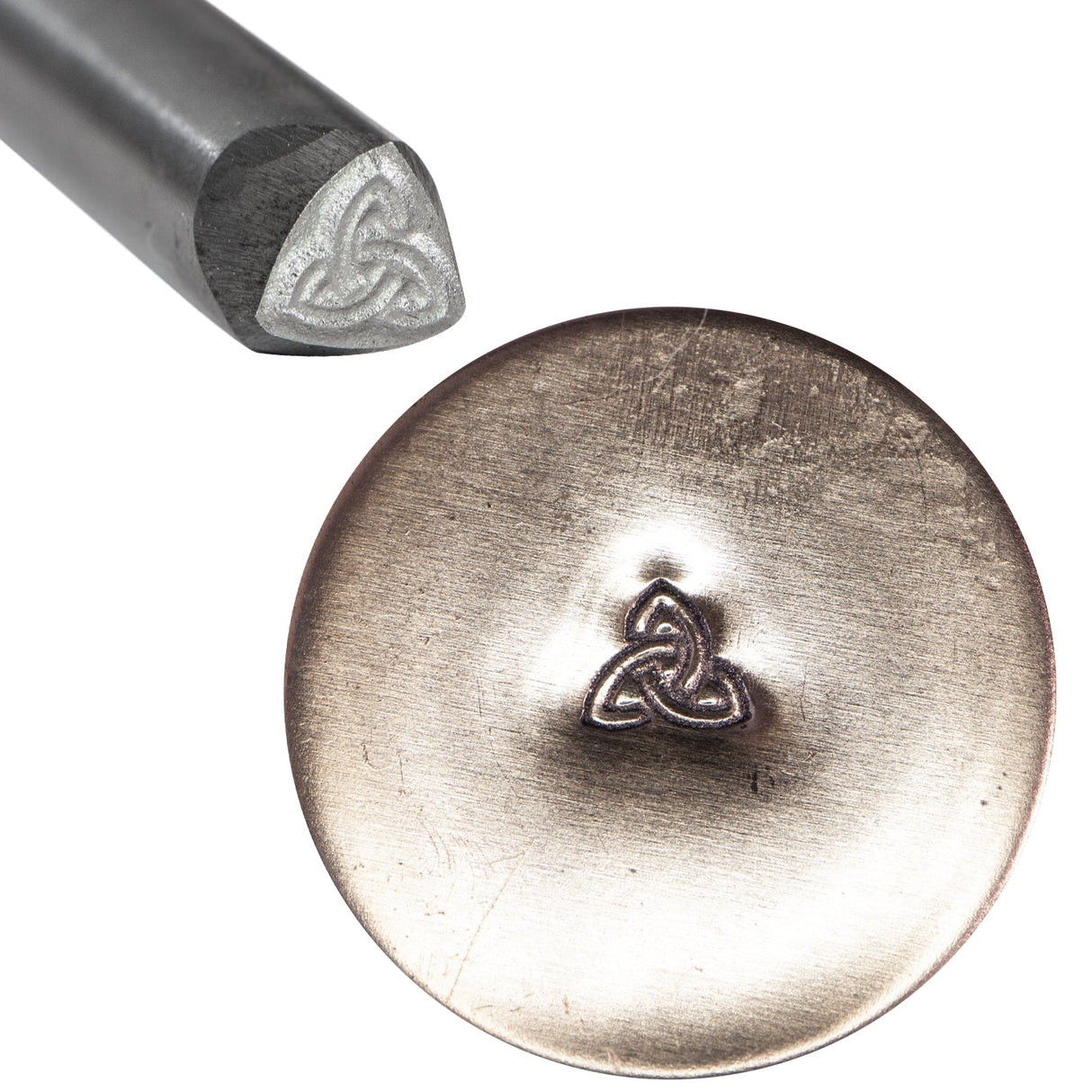 3/16 inch steel Triquetra Celtic knot stamp with 3 inch handle creating clear metal impression