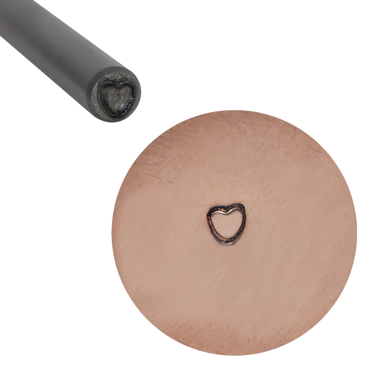 1/16" steel heart stamp with heart impression on metal surface for jewelry and crafts