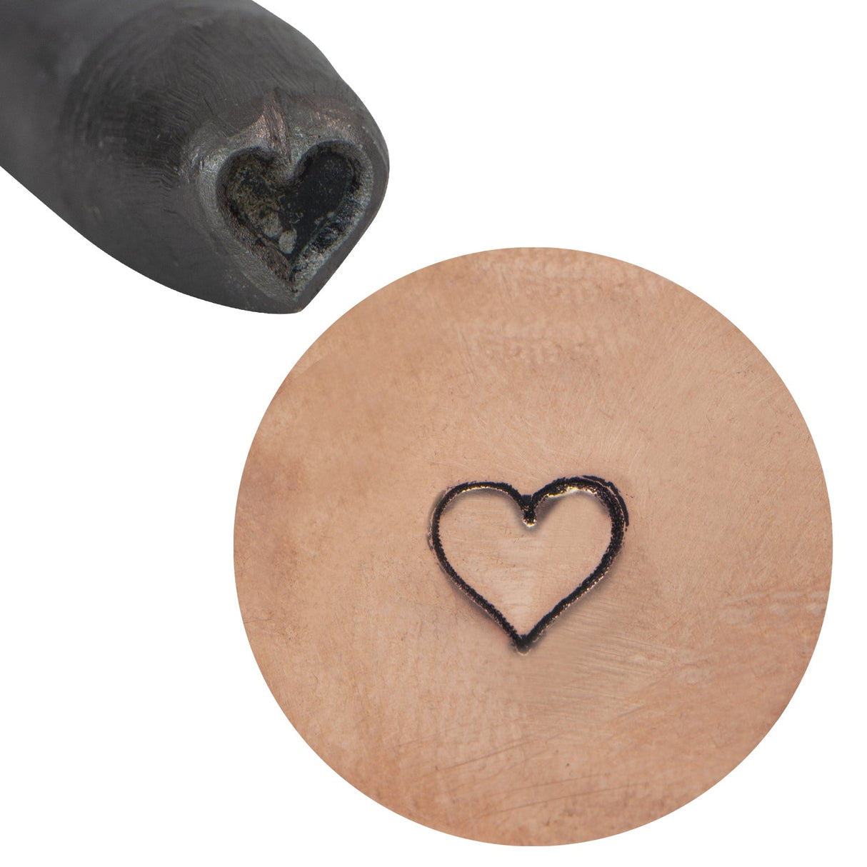3/16 inch steel heart stamp with clear heart impression on leather surface