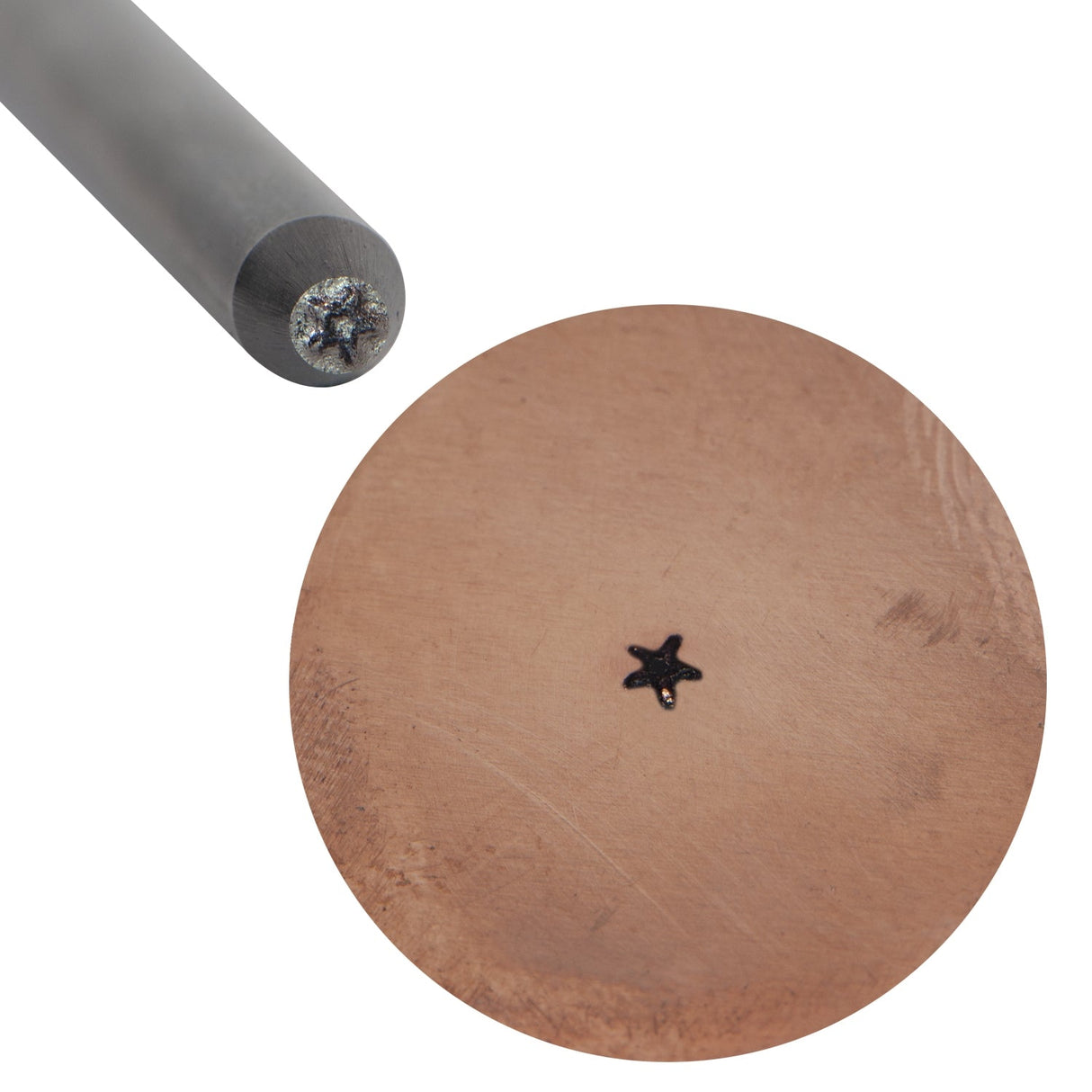 1/16 inch 1.5 mm steel star stamp with star impression on metal surface