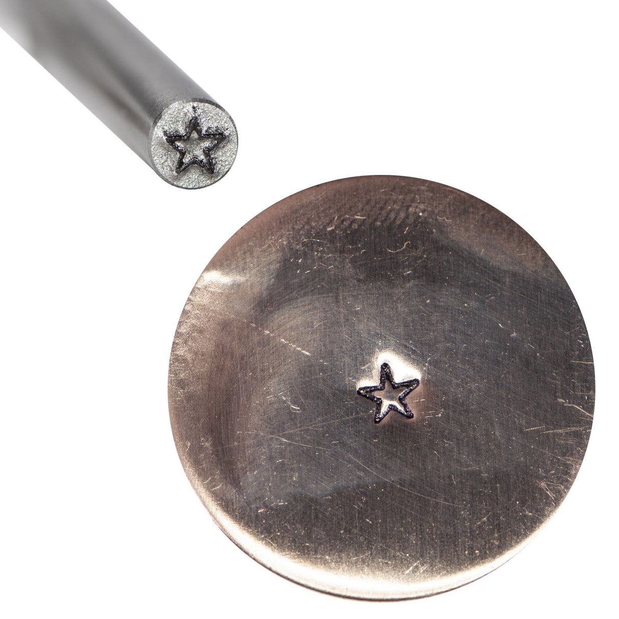 1/8" 3 mm Steel Star Stamp with precise star mark on metal surface for jewelry and leather crafting