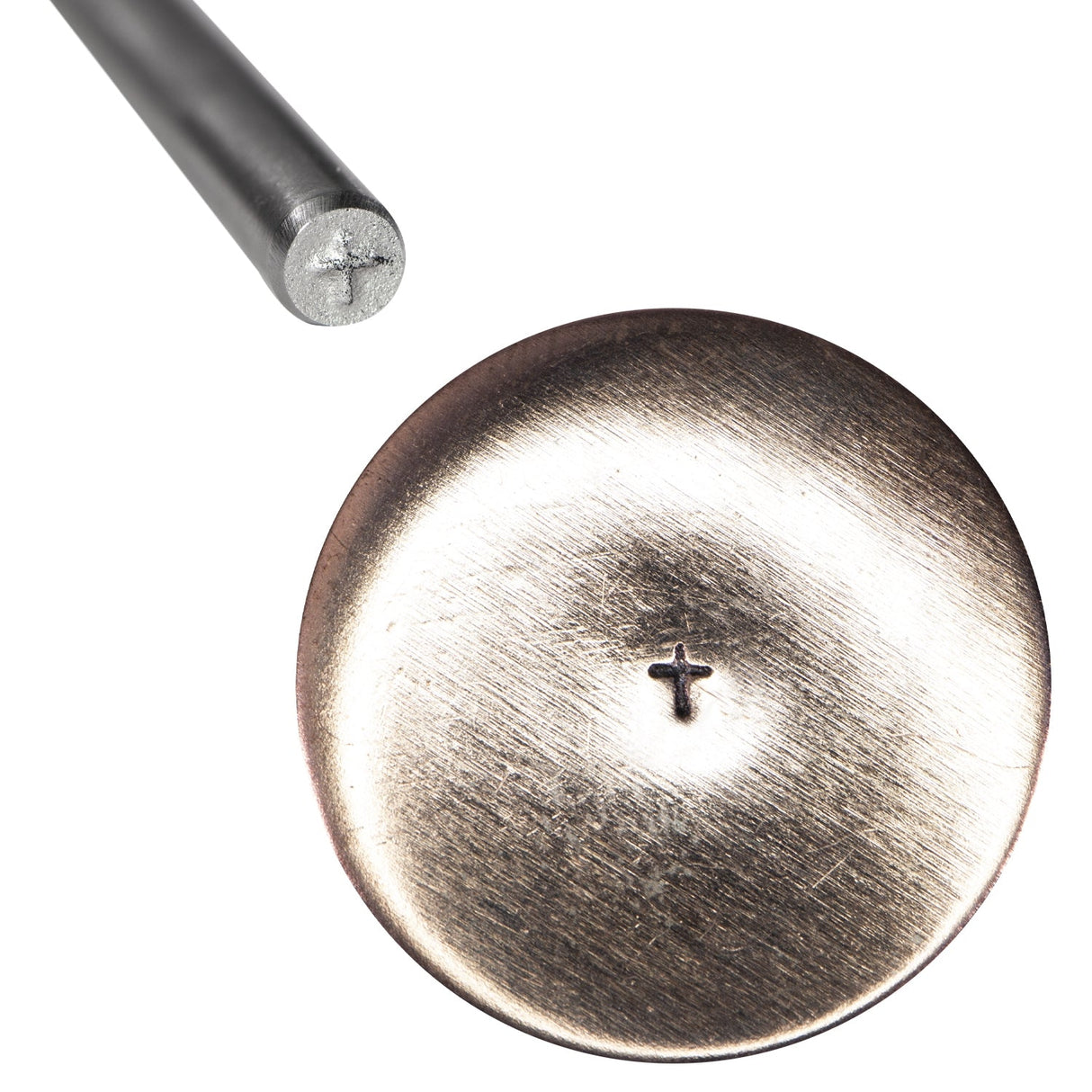 1/16" 1.5 mm steel cross stamp tool with bold, clean impressions on metal surface