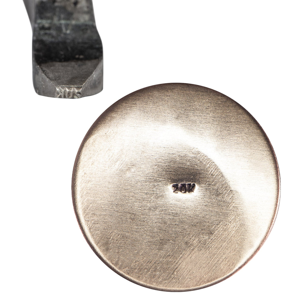 20K Curved Steel Purity Stamp with crisp metal marking on round metal surface