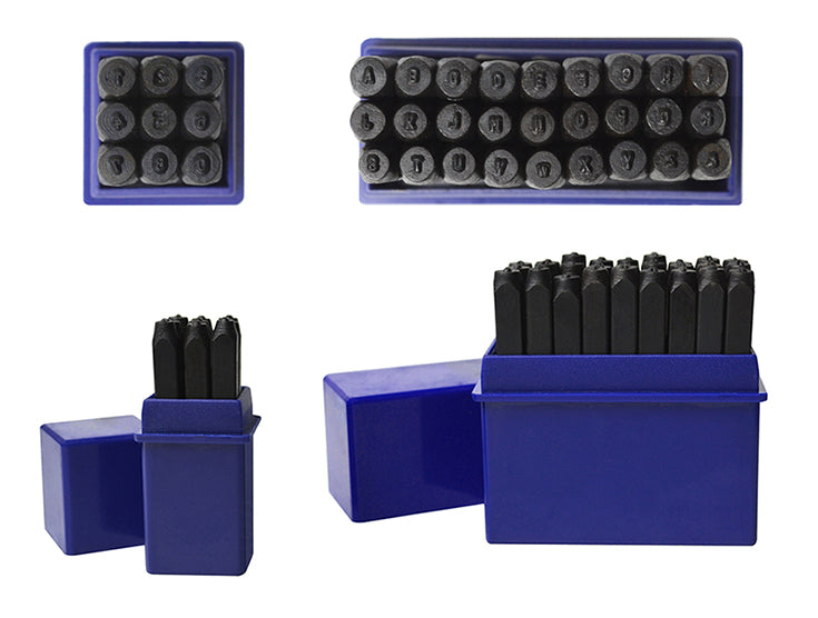 36-piece steel alphabet and number stamp set in blue storage box for metal crafting