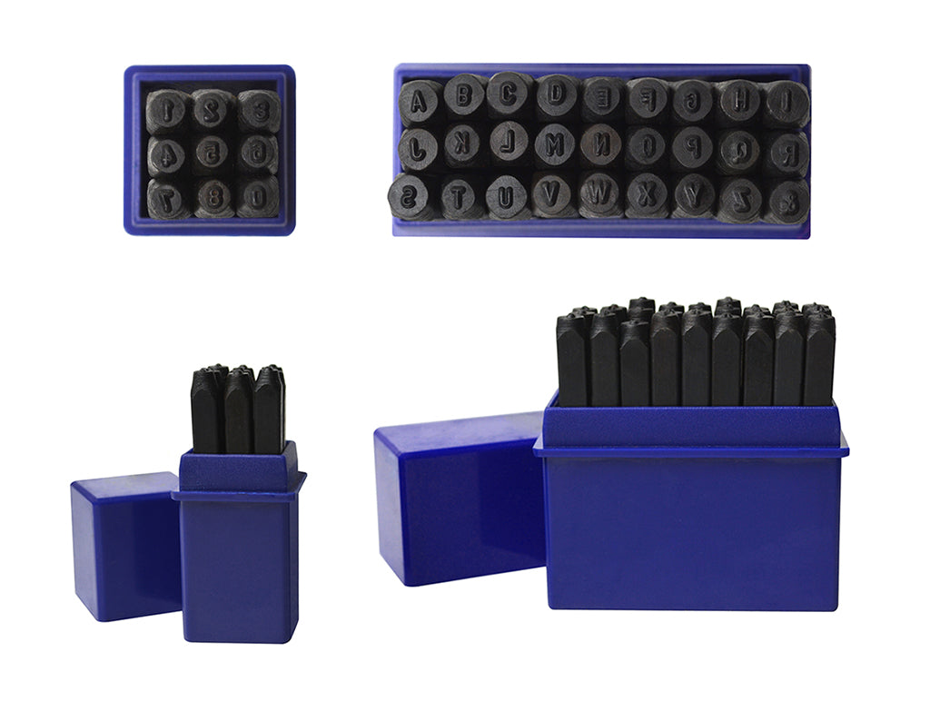 36 piece steel alphabet and number stamp set in blue storage box for metal crafting and jewelry making