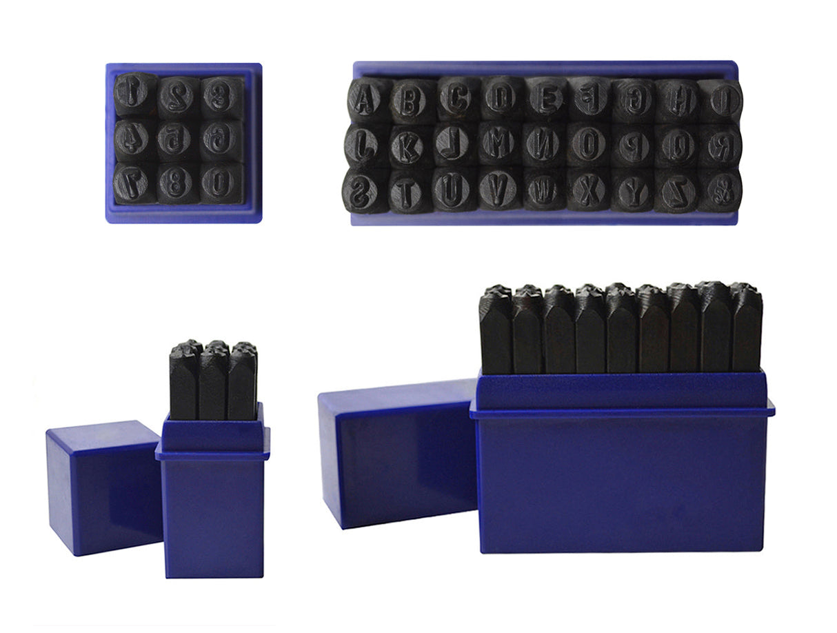 3 mm steel alphabet stamp set with 36 pieces including letters and numbers in blue storage box