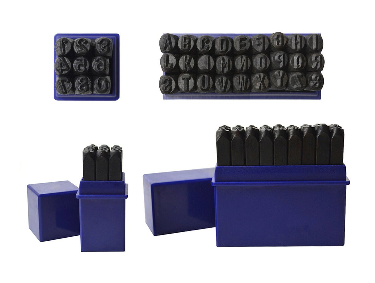5 MM - 3/16" steel alphabet and number stamping set with 36 pieces in blue storage box for metal crafting