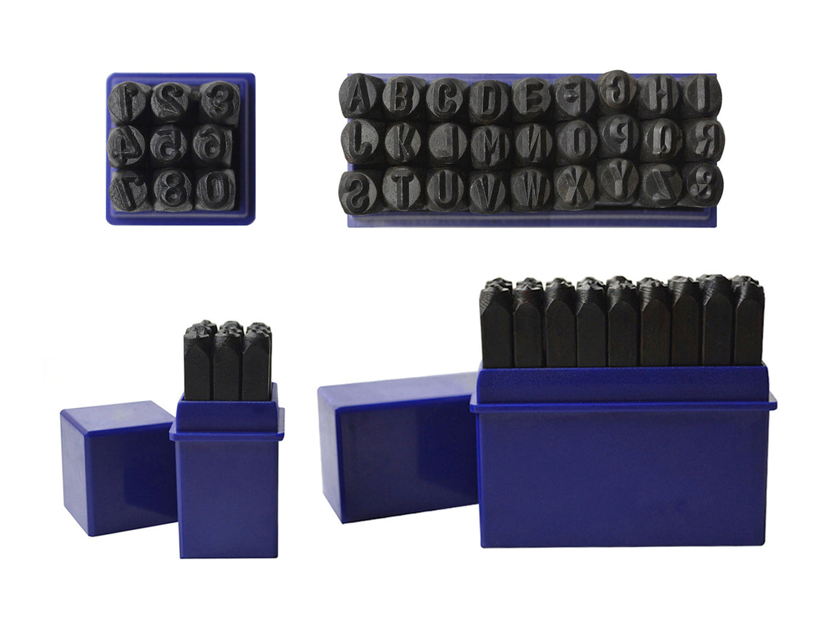 6 MM 1/4 inch 36 piece steel alphabet and number stamping set with black coated carbon steel in blue storage box