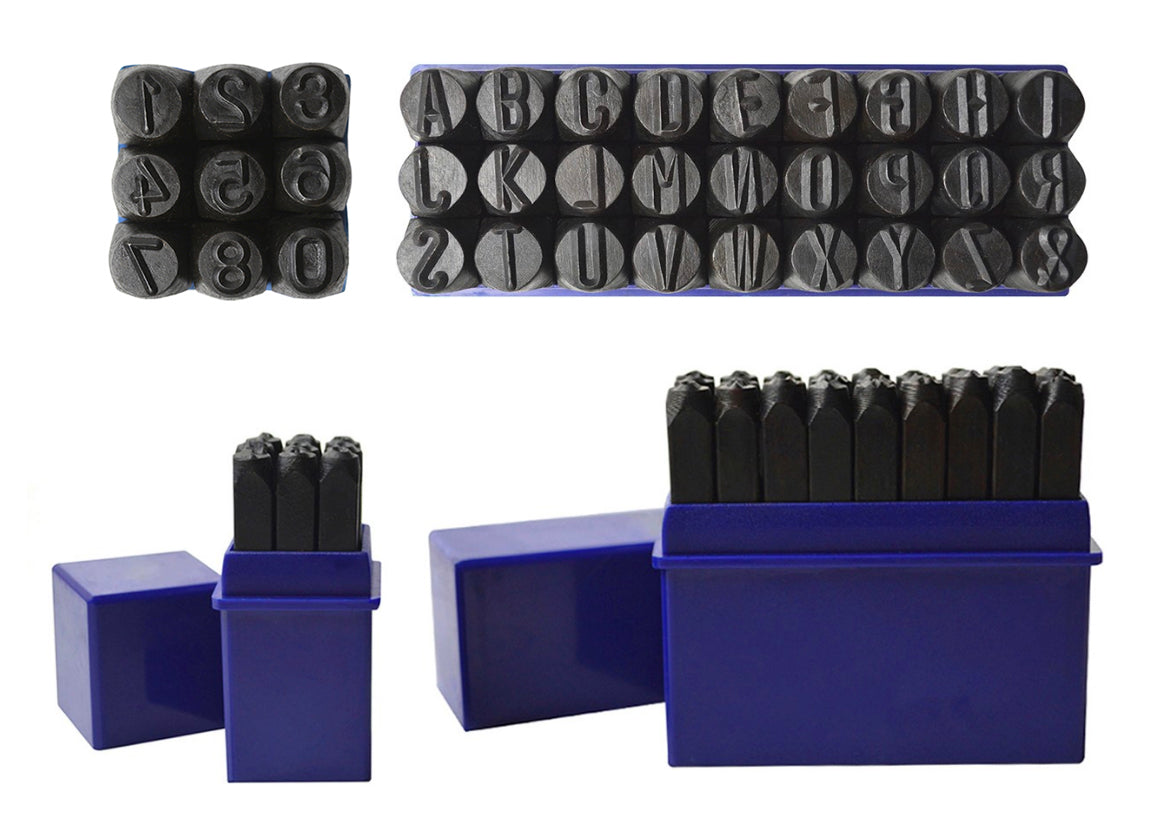 8 MM 5/16 inch 36 piece steel alphabet and number stamping set in blue storage box
