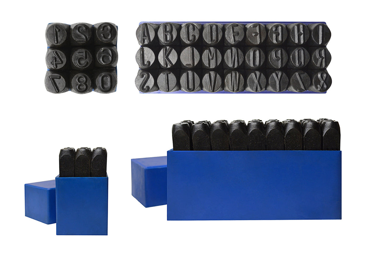 9.5 mm steel alphabet and number stamp set with black-coated steel characters in blue storage box