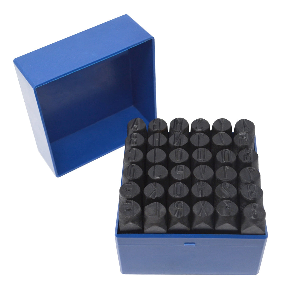 12.5 mm steel alphabet and number stamp set with 36 pieces in blue case