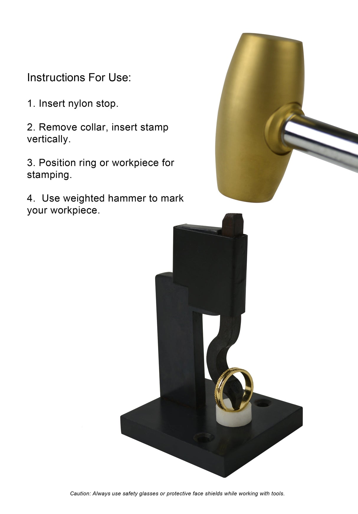 Ring stamping device with nylon anvil and mallet for precise, hands-free jewelry marking