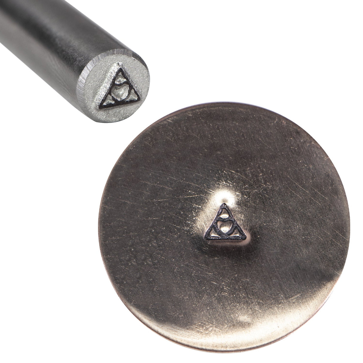 5 mm Heart Triangle Designer Stamp metal jewelry tool with heart-in-triangle motif and stamped impression