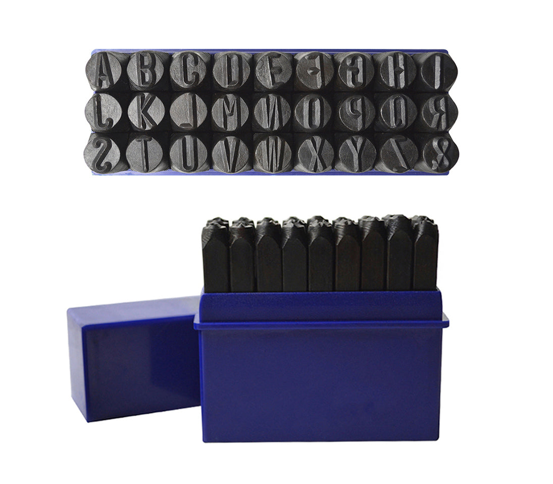 5/16 inch steel stamps set with letters A-Z and ampersand in blue storage box for metal marking