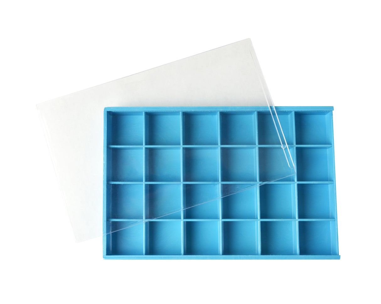 Plastic tray storage box with 24 square compartments and sliding clear cover for organizing small items