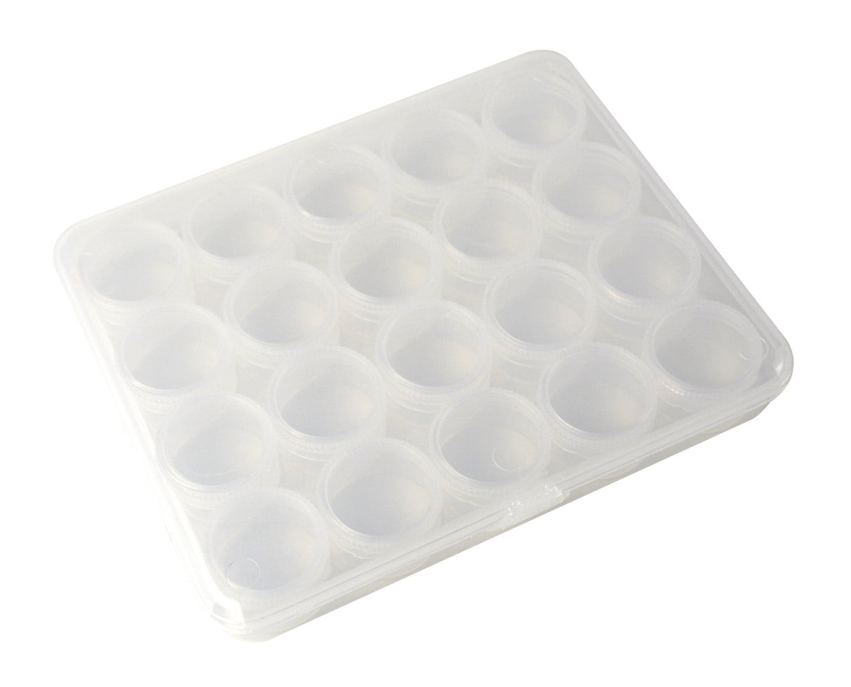 Plastic storage box with 24 round removable compartments for organizing small craft supplies