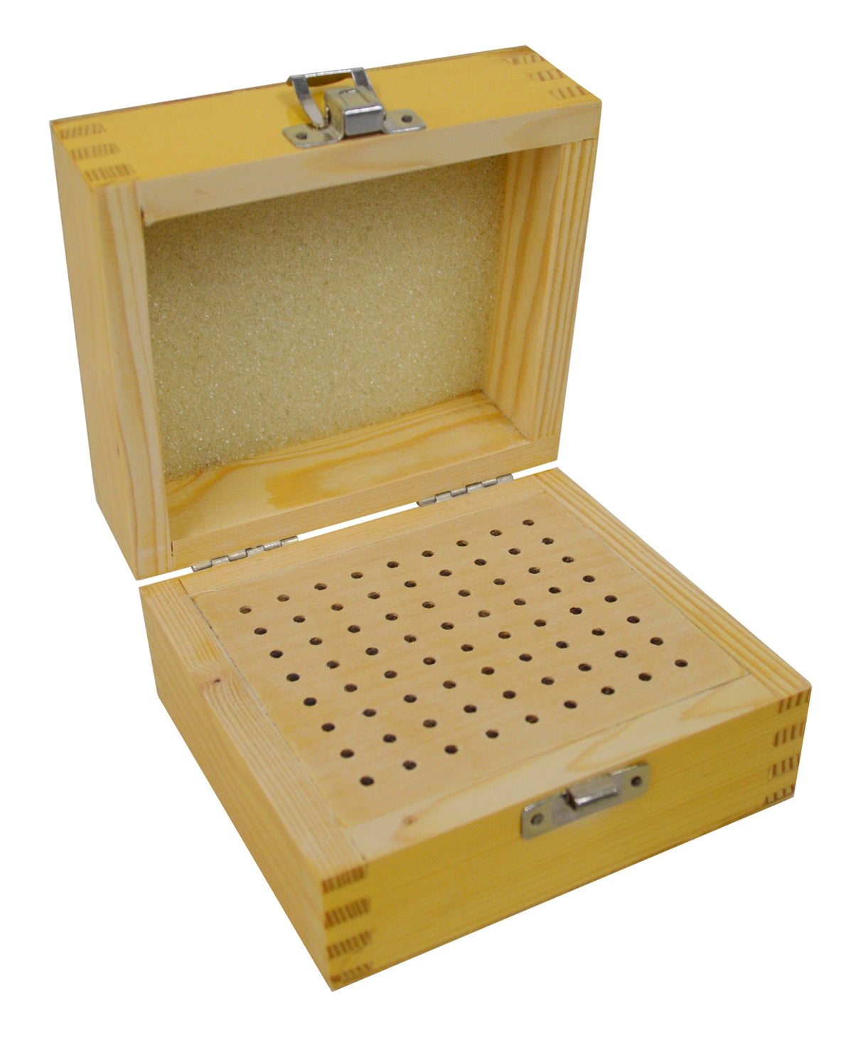 4-1/2" x 4-1/2" x 3" Wooden 3/32" Bur Square Organizer Storage Box with 72 Holes by PMC Supplies