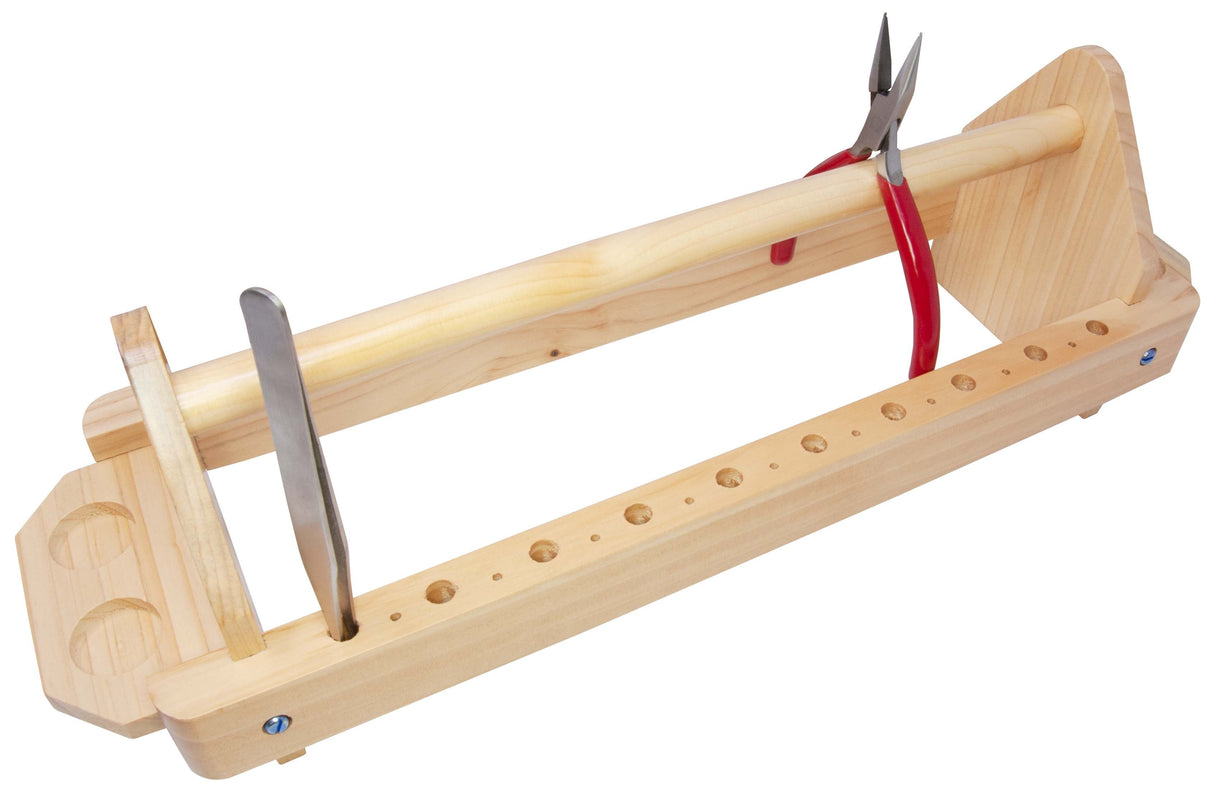 Wooden plier stand holding 12 pliers and 20 tweezers for jewelers organization