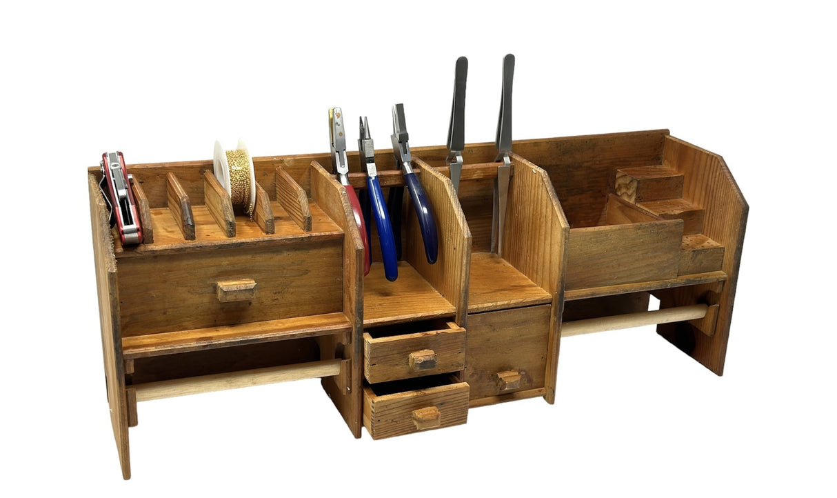 Jewelers Bench Top Tool Organizer wooden organizer with compartments and drawers for jewelry tools and accessories on a workbench