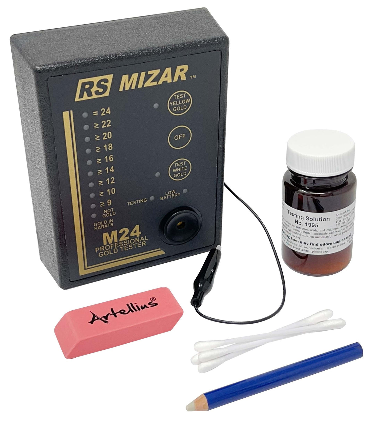 M-24 Mizar Gold Karat Tester Set with testing solution, pink stone, cotton swabs, and blue pencil for accurate gold karat identification from 9K to 24K.
