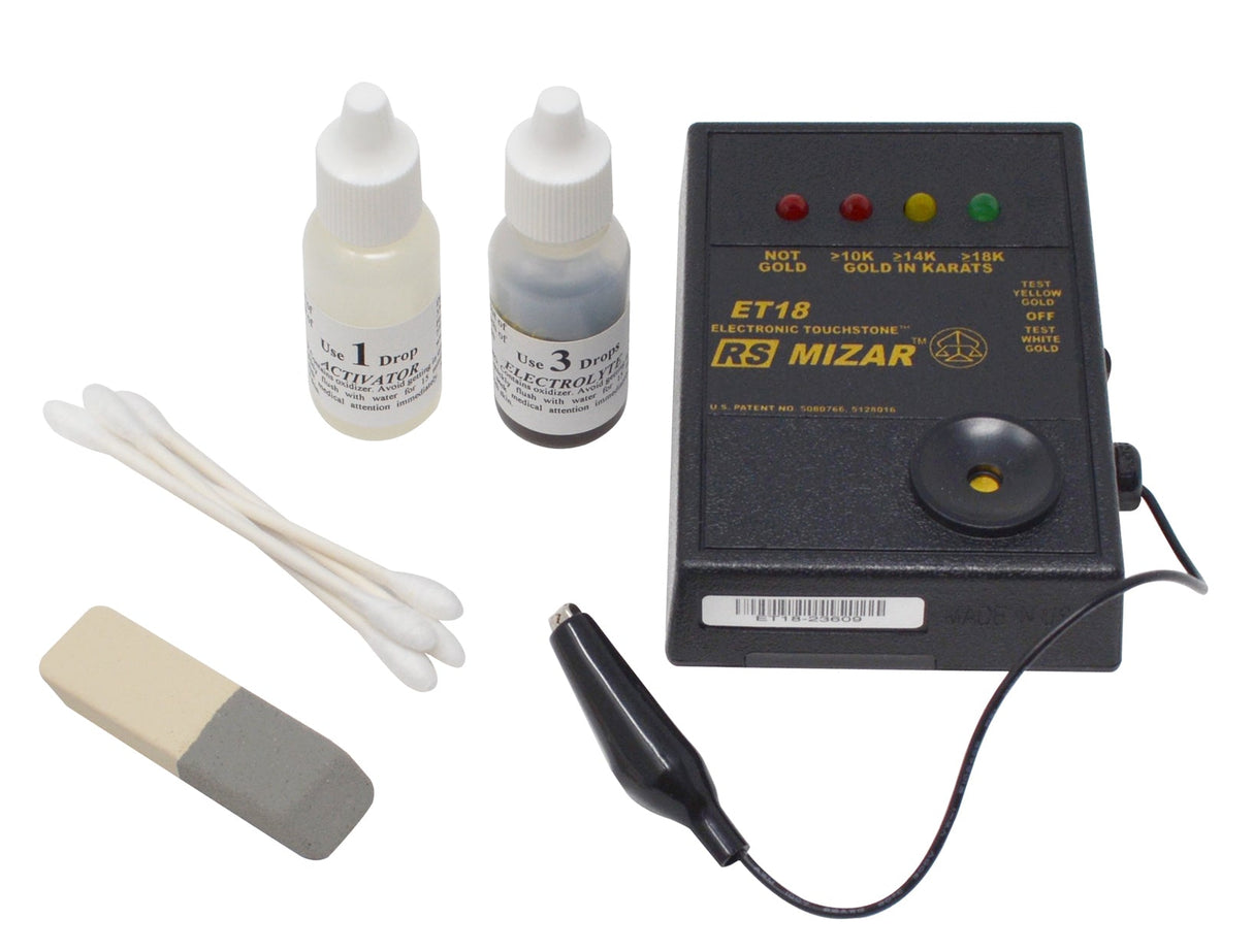 ET-18 Mizar Gold Karat Tester Set with battery-operated tester, activator and electrolyte bottles, cotton swabs, and testing stone for quick gold karat verification