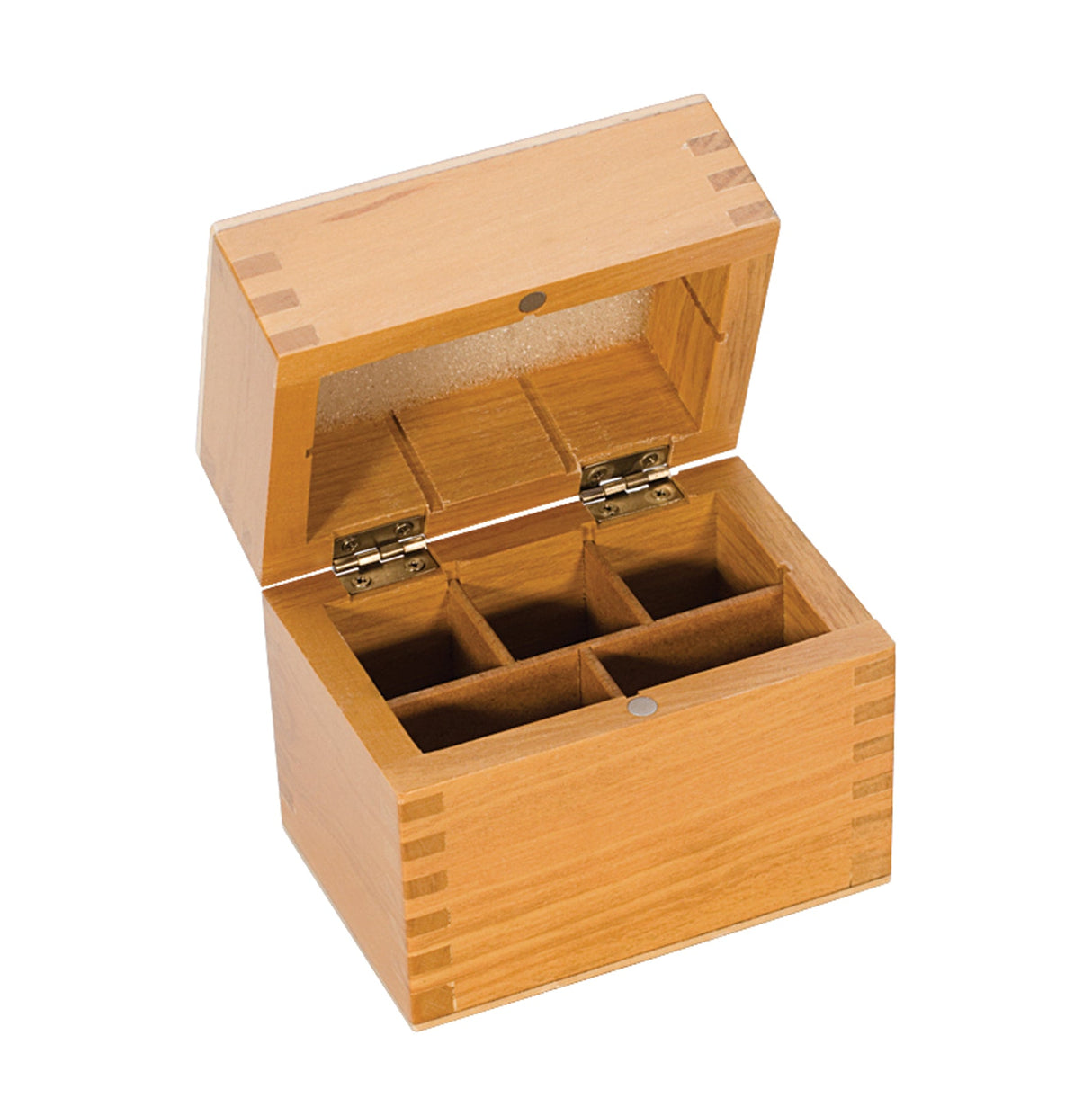 compact hardwood 5 compartment gold test box with hinged lid and secure storage compartments