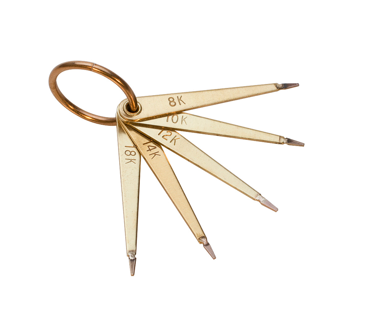 Gold testing needle set with 8K, 10K, 12K, 14K, and 18K needles on a ring for precise karat identification