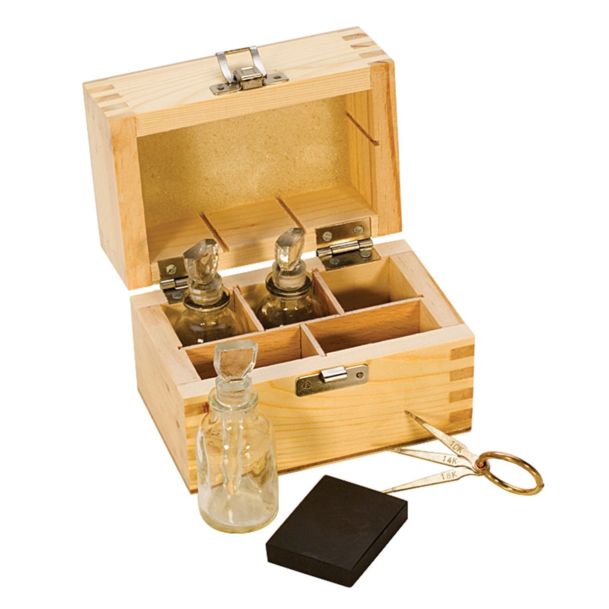 Gold Test Kit with glass storage bottles, testing stone, and needles in wooden box for 10K, 14K, 18K gold verification