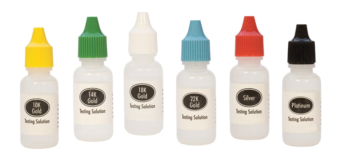 6-piece testing acid solution set for gold 10K, 14K, 18K, 22K, silver, and platinum with leak-resistant bottles
