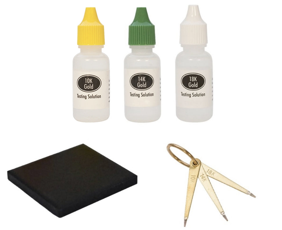 Gold testing set with 10K, 14K, 18K testing solutions, stone, and needles for accurate karat verification