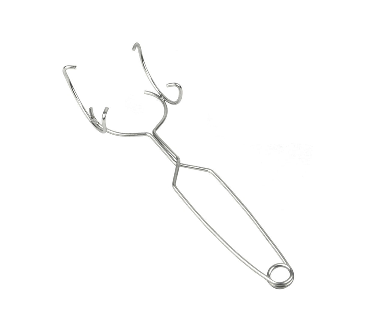 Small whip tongs designed for securely gripping 250g ceramic crucible dishes during metalworking tasks