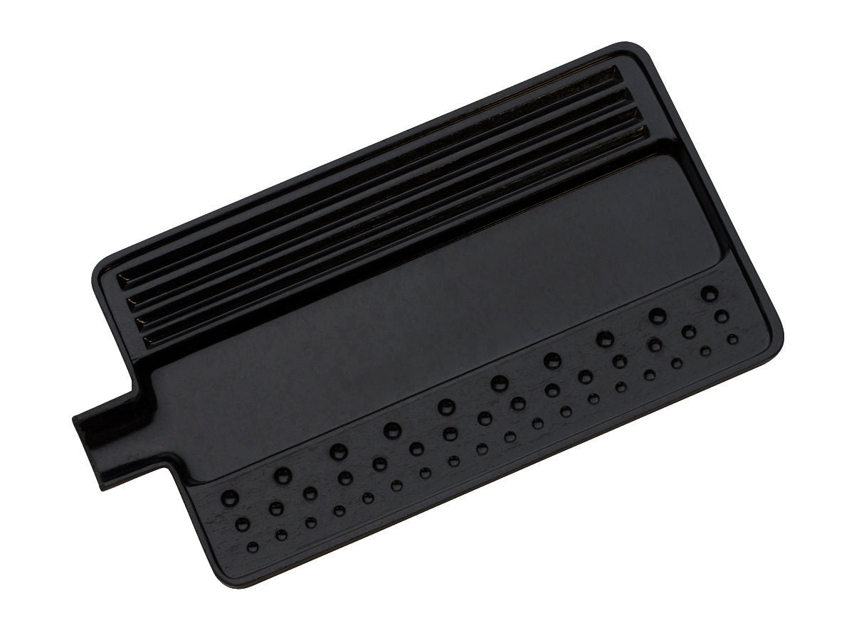 Black large bead sorting tray with indented wells, grooves, and pour spout for jewelry-making organization