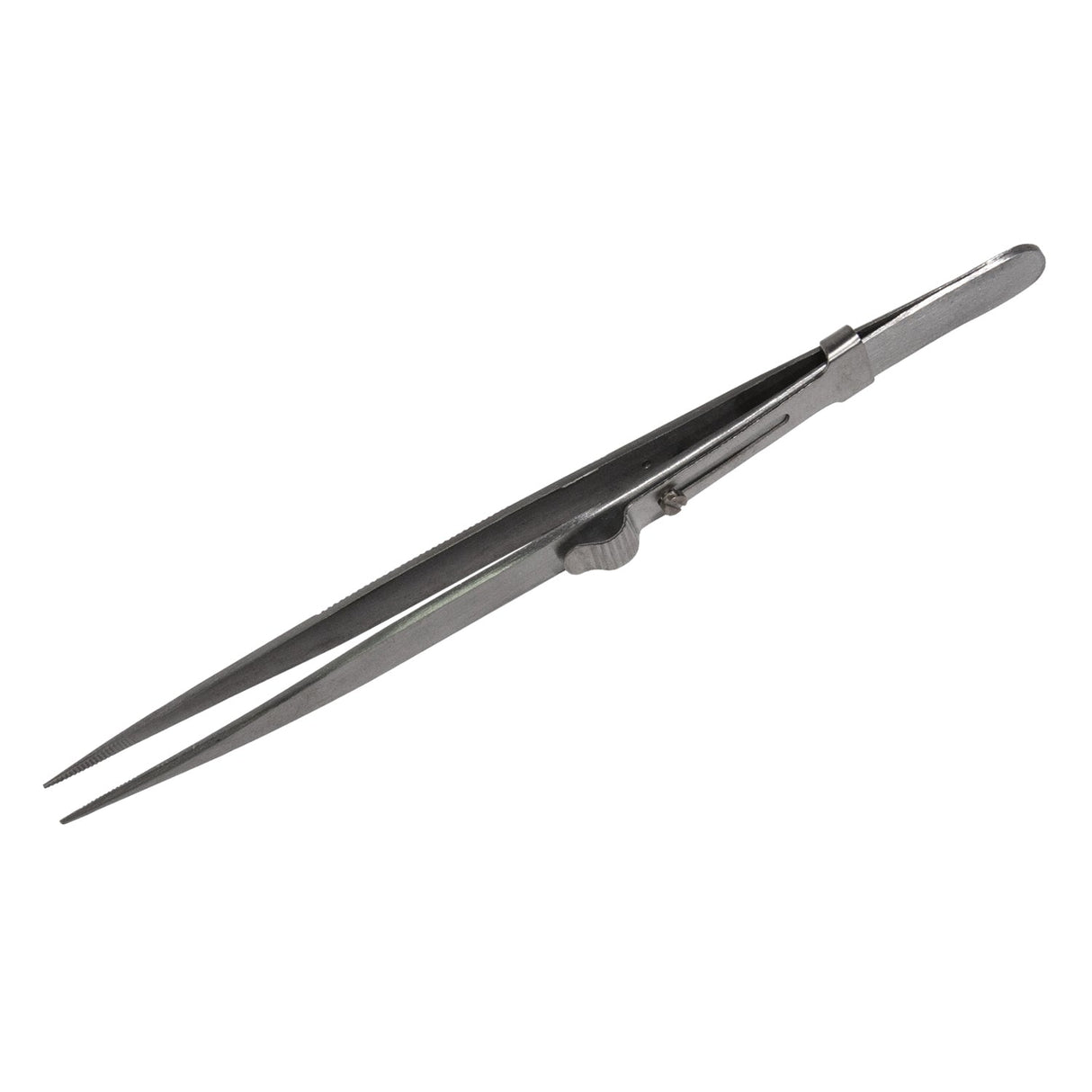 6-inch fine tipped slide-locking tweezers with matte finish and precision grip