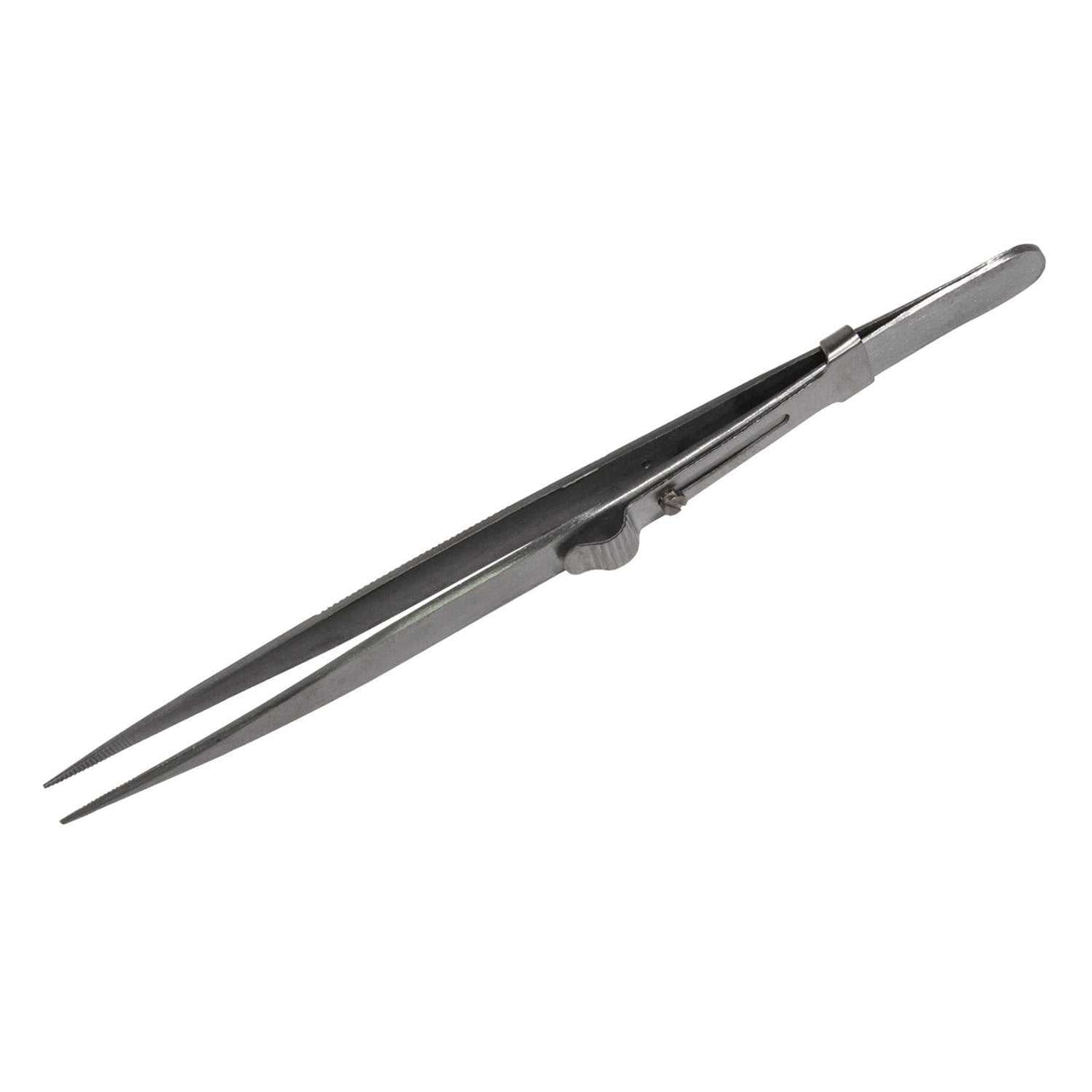 6 inch fine tipped slide-locking tweezers with matte finish and grooved interior tip for precision tasks