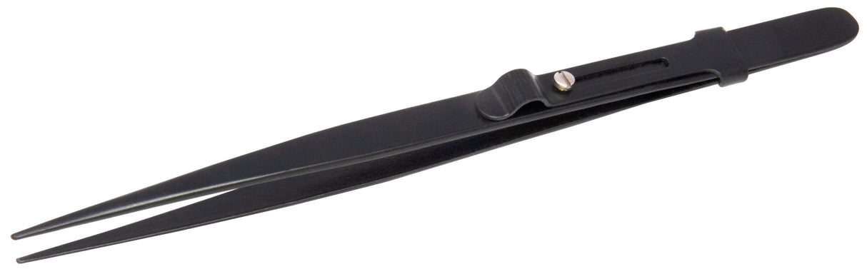 black 6-inch slide locking tweezers with grooved tips and ergonomic grips for precise handling