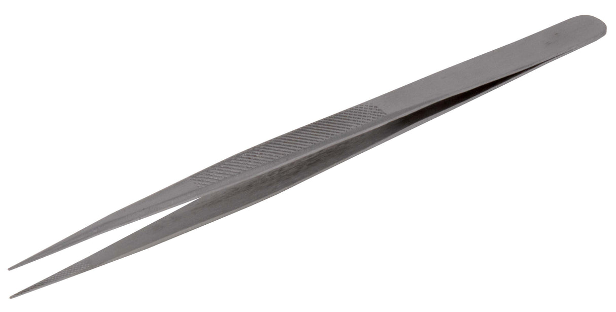 6-1/2" straight fine-tipped stainless steel tweezers with knurled grips for precision gemstone and diamond melee handling