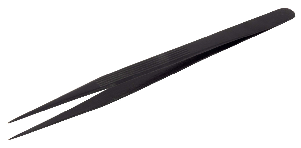 6-1/2" straight fine-tipped melee tweezers with black powder-coated finish and lined grips for precise stone and bead handling