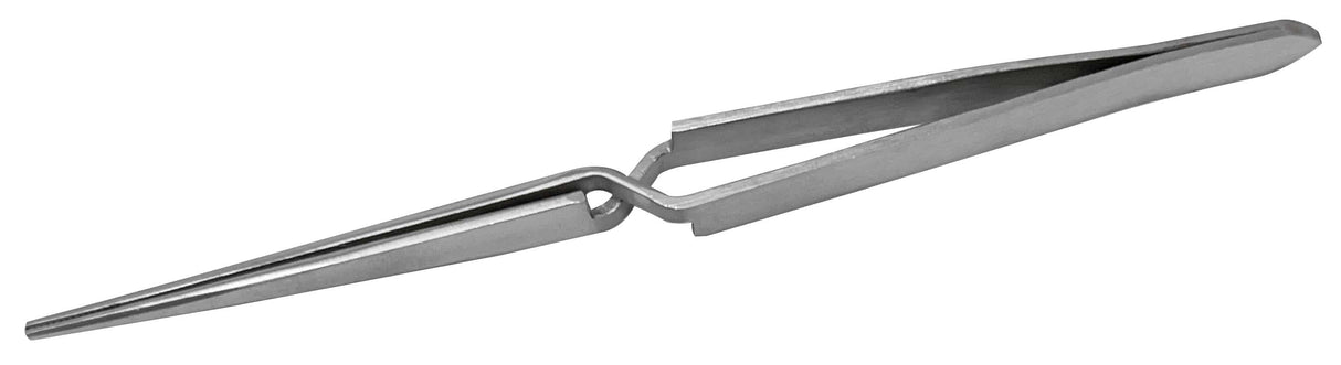 6-1/2 inch stainless steel cross-locking tweezers with fine precision tips and corrosion-resistant finish