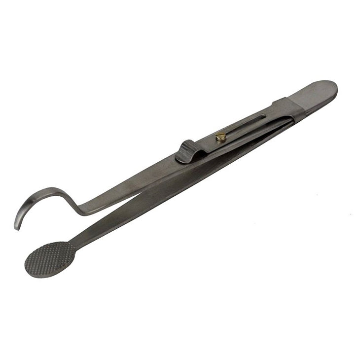 5-1/2" stainless steel locking head and shank ring holding soldering tweezers with slide-lock and knurled base for jewelry repair