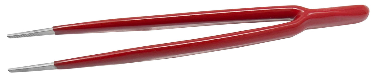 6-1/2" straight blunt-tipped tweezers with insulated red handles for precise, safe handling in electronics and jewelry work