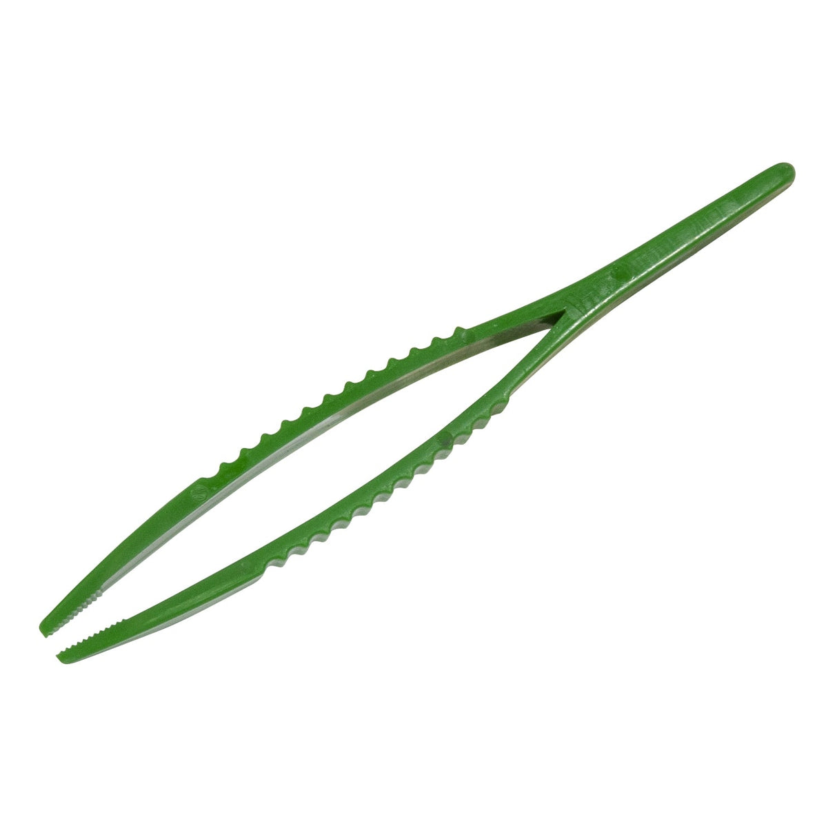 Green 5-inch plastic non-conductive tweezers with grooved finger grip for safe electronic and battery repair tasks
