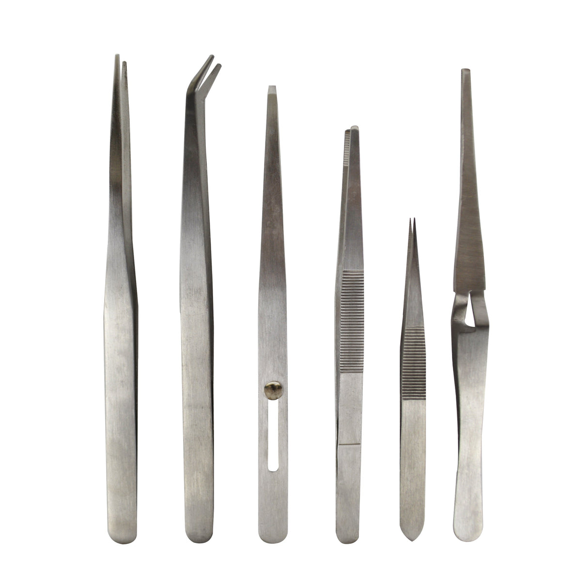 6 Piece Stainless Steel all purpose precision tweezers set with varied tip styles for crafts and electronics