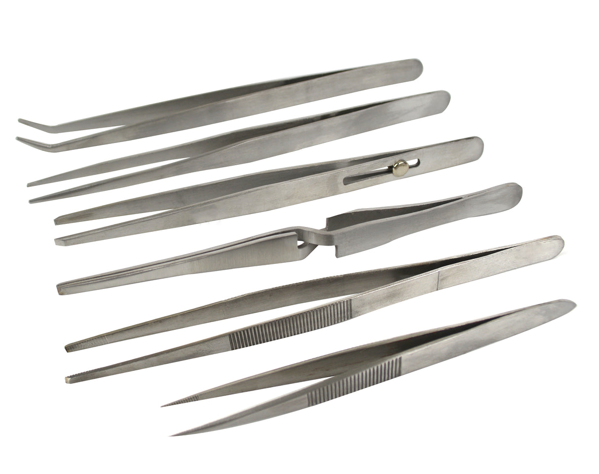 6 Piece Stainless Steel All Purpose Tweezer Set by PMC Supplies