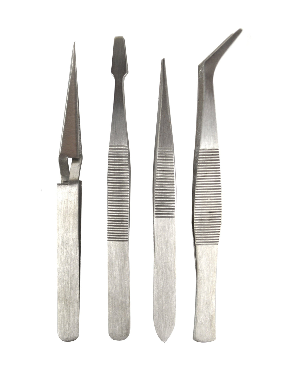4-piece stainless steel tweezer set with fine-point, slanted, curved, and needle-nose tips for precision work