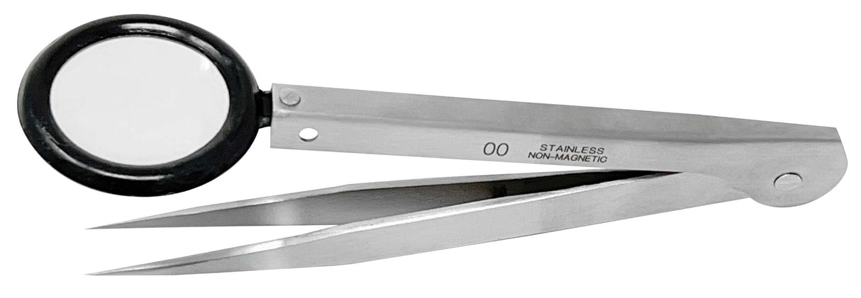 4-3/4" Size #00 anti-magnetic stainless steel tweezers with pointed tips and 3X magnifying lens