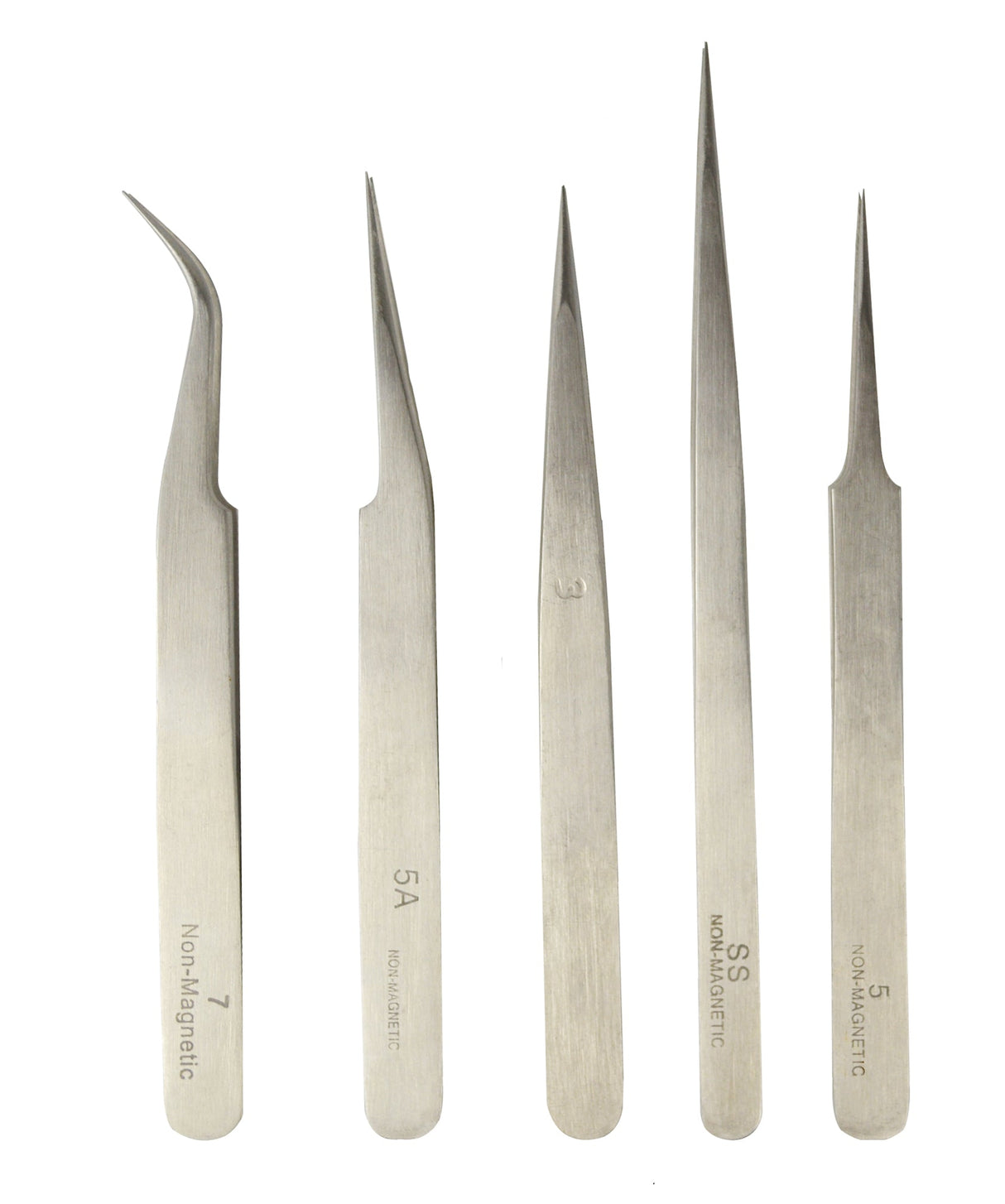5 piece stainless steel anti-magnetic tweezer set with curved and straight fine-point tips