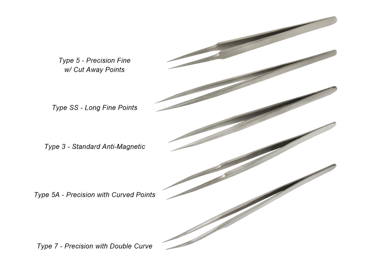 5 Piece Stainless Steel Anti-Magnetic All Purpose Tweezer Set by PMC Supplies